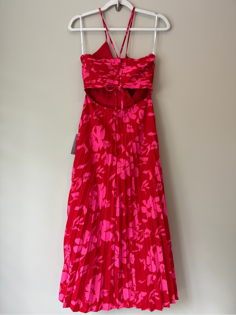 NWT Lulus Vibrant Moment Red Pink Floral Pleated Lace-Up Midi Dress S - Picture 2 of 4